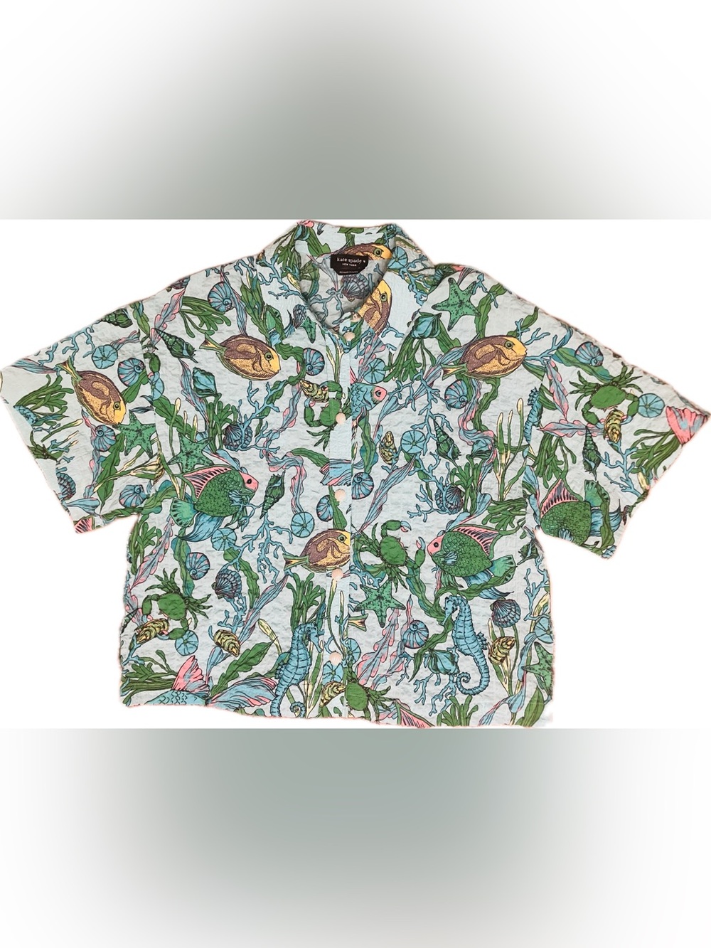 Kate Spade Under The Sea Crinkled Cotton Boxy Button Up Shirt - XS